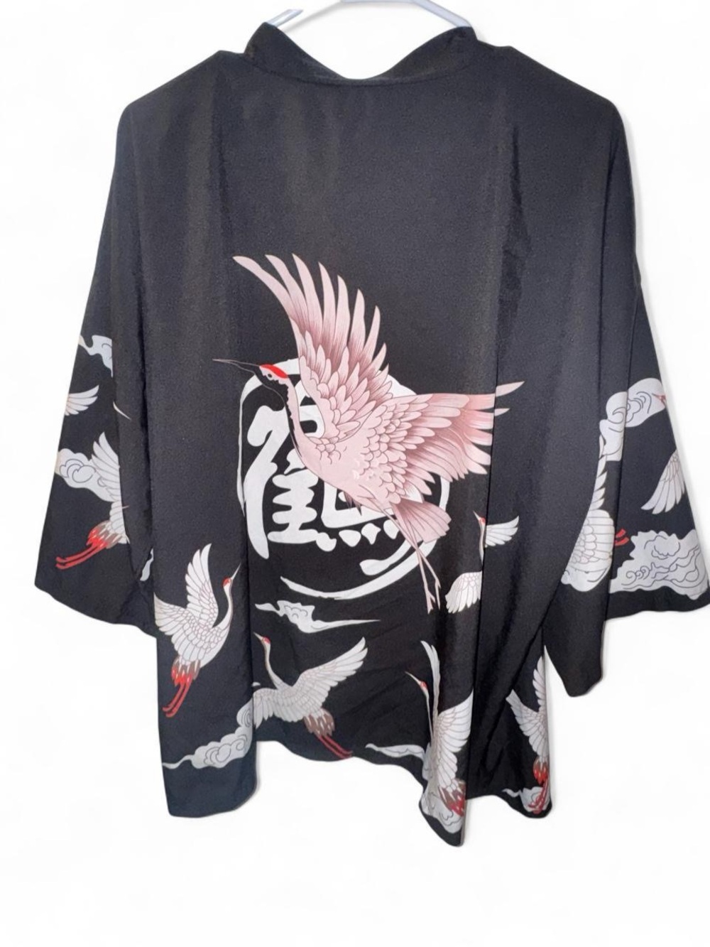 Men's Black Haori with Pink Crane Motif